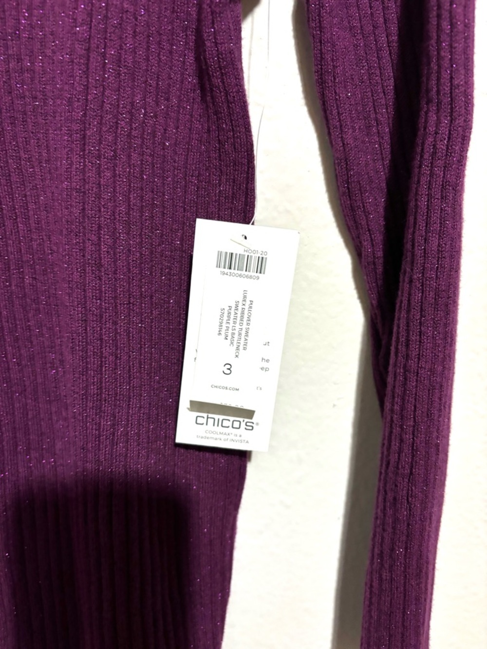 NWT Chicos Size 3 (XL) Purple Turtleneck Sweater Ribbed Long Sleeve Stretchy - Picture 7 of 7